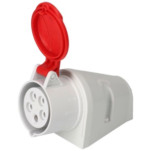 Prise murale CEE gris et rouge, 5 pôles, 16A, IP44 avec couvercle ouvert.