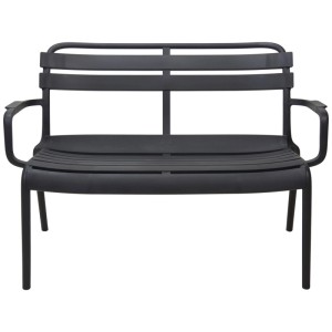 Banc de jardin noir empilable en aluminium thermolaqué avec accoudoirs et coussin de dossier.