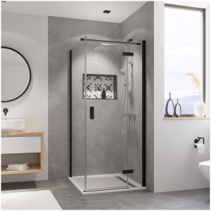 Breuer Panorama Drehtür mit Seitenwand, Klarglas und schwarzem Rahmen, 90 cm, für Dusche.