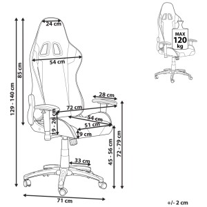 Sedia gaming Beliani Knight, dimensioni: altezza 129-140cm, larghezza 71cm, portata massima 120kg.