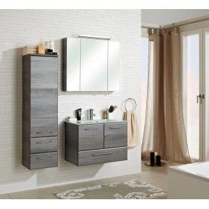 Ensemble de lavabo en verre Pelipal blanc avec armoire de toilette et meuble bas.