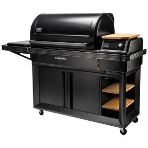 Grill a pellet Traeger Timberline XL nero in metallo/acciaio inox con ripiano laterale e tagliere.