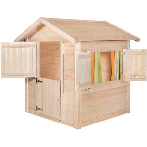 Cabane pour enfants Weka Tabaluga Grotte du dragon en bois naturel avec volets et porte.