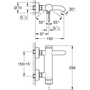 Disegno tecnico del miscelatore monocomando per vasca Grohe Essence con dimensioni.