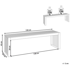 Schéma : banc de jardin Beliani Sulzano, lot de 2, bois d'acacia, dimensions : 45x40x150 cm, charge max. 120 kg.