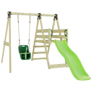 Altalena per neonati OutdoorToys HortensieBaby con scivolo verde e struttura in legno.