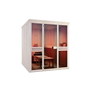 Sauna Finntherm Karina, finition naturelle, avec porte en verre et bancs en bois. Sauna en bois massif pour la détente.