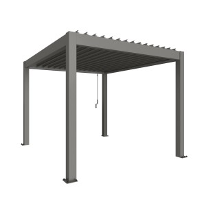 Pergola Biohort, grigio quarzo metallizzato, copertura per patio con lamelle regolabili e scarico acqua piovana.