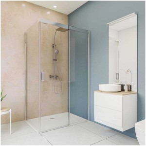 Pannello doccia beige Breuer effetto pietra arenaria, lucido, 150x255 cm in un bagno moderno.