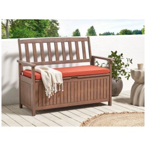 Beliani Banc de jardin Sovana en acacia avec coussin rouge et rangement.