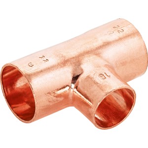 Raccordo a T di riduzione a saldare in rame, 22 mm x 18 mm x 22 mm, per installazione tubi in rame.