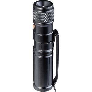 Stylo tactique noir LUX 7-en-1 avec clip et lampe de poche LED.