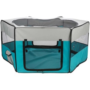 Parc pour petits animaux Trixie, turquoise/gris, avec filet de protection et sac de transport.