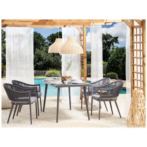 Ensemble de meubles de jardin Beliani Mileto gris avec 4 chaises et table à plateau en verre sous une pergola.