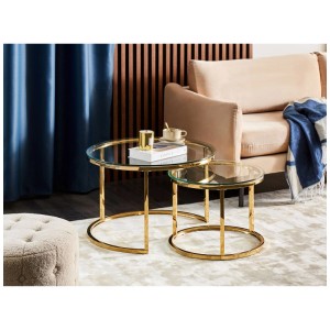 Beliani Tavolino da caffè Grange, set da 2, oro, vetro. Tavolini da salotto rotondi con struttura in acciaio inossidabile dorato.