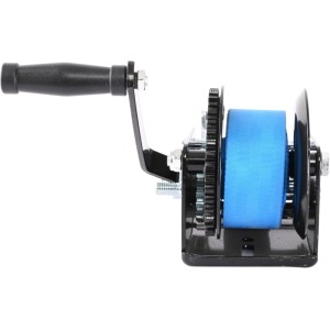 Treuil à sangle Güde GGHW 900/8 noir avec sangle bleue et manivelle. Aide au transport robuste.