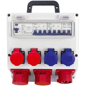 Distributeur de courant de chantier Steffen 16A, équipé, IP55, avec prises rouges et bleues pour chantier et atelier.