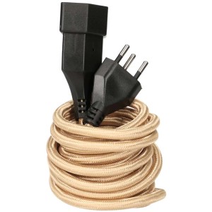 Rallonge textile dorée, 3 m, avec fiche type 12 et prise type 13.