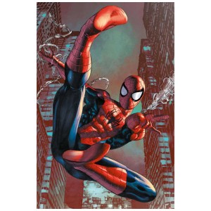 Maxi poster Spider-Man style BD, montrant Spider-Man se balançant entre les gratte-ciel.
