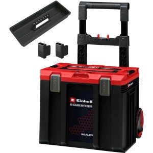 Mallette à outils Einhell E-Case L Sealed, rouge-noir, avec poignée télescopique, roues et plateau.