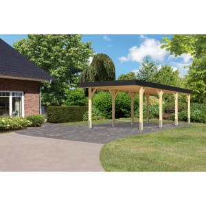 Karibu Einzelcarport aus Leimholz, naturbelassen, mit anthrazitfarbener Dachblende.
