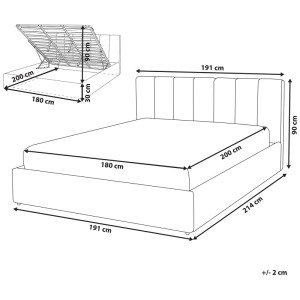 Skizze Beliani Bett Dreux Beige 180x200cm mit Maßangaben, Bettgestell mit Bettkasten offen.
