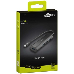 Confezione di un hub USB 3.0 nero con connettore USB-C e 4 prese USB-A di Goobay.