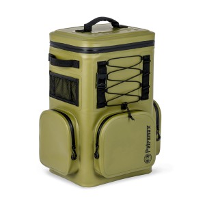 Zaino frigo Petromax 7 l oliva: isolato, con maniglie, tasche laterali e cordini elastici.