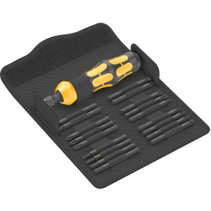 Jeu de tournevis Wera Kraftform Kompakt 900, 19 pièces, avec embouts dans une pochette noire.