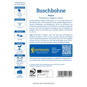 Confezione di semi di fagiolino nano Kiepenkerl Profi-Line Negra con info su semina e raccolto.
