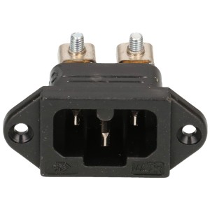 Schwarzer 3-poliger Apparatestecker (C16) für Geräteanschluss.