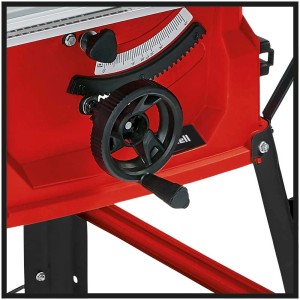 Gros plan de la scie circulaire sur table rouge Einhell TC-TS 2025/2 U/S avec commandes.