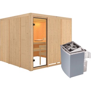 Sauna in legno massello Karibu Arvika con porta in vetro bronzato e stufa da 9 kW. Incluse panche sauna.