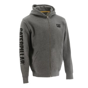 Felpa con zip Cat Banner grigio scuro, taglia M. Abbigliamento da lavoro con cappuccio e logo.