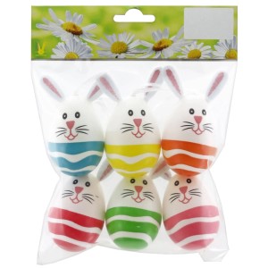 Decorazioni pasquali colorate: set di 6 uova con orecchie da coniglio e motivo a righe.