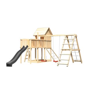 Karibu Frieda cabane de jeu avec toboggan, balançoire double, structure, plateforme et rampe en bois.