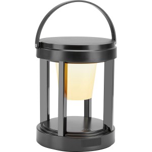 Lanterne solaire LED noire, ronde, Ø 13 cm, hauteur 18 cm, avec anse.