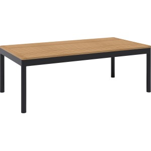 Tavolo del set lounge Lankin: struttura in alluminio antracite, piano in polywood effetto legno.