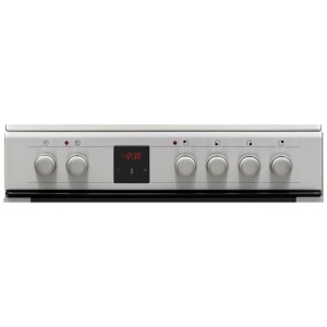 Gros plan sur la cuisinière Sharp KF-76VDD19I-CH en acier inoxydable avec commandes et affichage numérique.