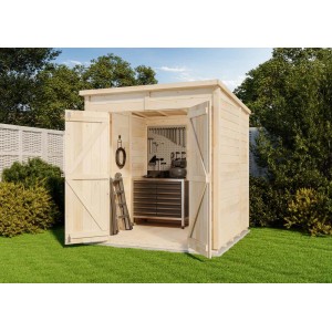 Abri de jardin en bois Storehaus Sepp M avec toit monopente et portes doubles ouvertes.