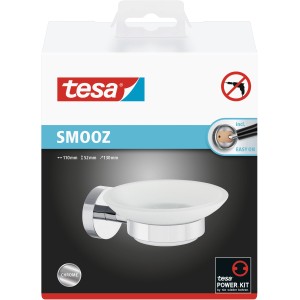 Tesa Smooz portasapone cromato, per montaggio a parete senza trapano, design bagno moderno.