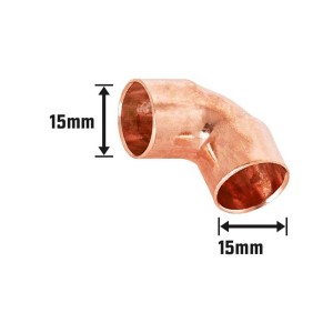Raccordo a gomito in rame, Ø 15 mm, angolo a 90 gradi per tubi in rame.