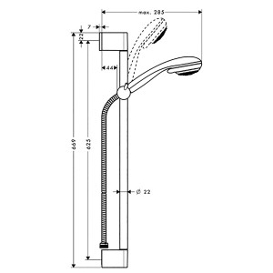 Schéma technique du set de barre de douche Hansgrohe Crometta 85 VarioJet avec dimensions.