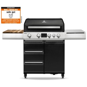 Burnhard Gasgrill Grant Upgrade mit 4 Brennern, Seitenkochfeld und Schneidebrett.