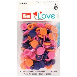 Prym Color Snaps Love, bottoni a pressione in plastica arancioni, rosa e viola, 30 pezzi, Ø 12,4 mm.