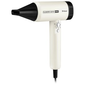 Sèche-cheveux Trisa Plasma Ionic Pro blanc et noir, contrôle de la température visible.