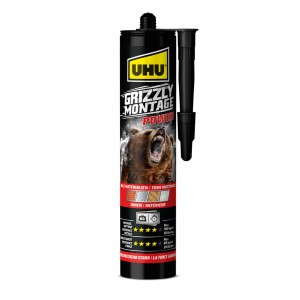 Cartuccia di adesivo bianco UHU Grizzly Montage Power per incollaggi interni resistenti.
