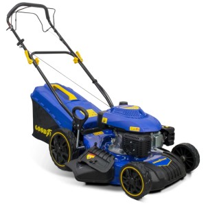 Tondeuse à gazon thermique Goodyear bleue avec 5 CV et bac de ramassage. Idéale pour une tonte puissante.