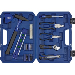 Mallette à outils LUX Classic bleue ouverte, 39 pièces avec marteau, pinces, clé, niveau à bulle et embouts.