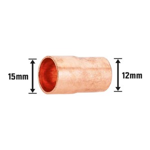 Raccordo a saldare in rame, diametro da 15 mm a 12 mm per collegamenti di tubi in rame.